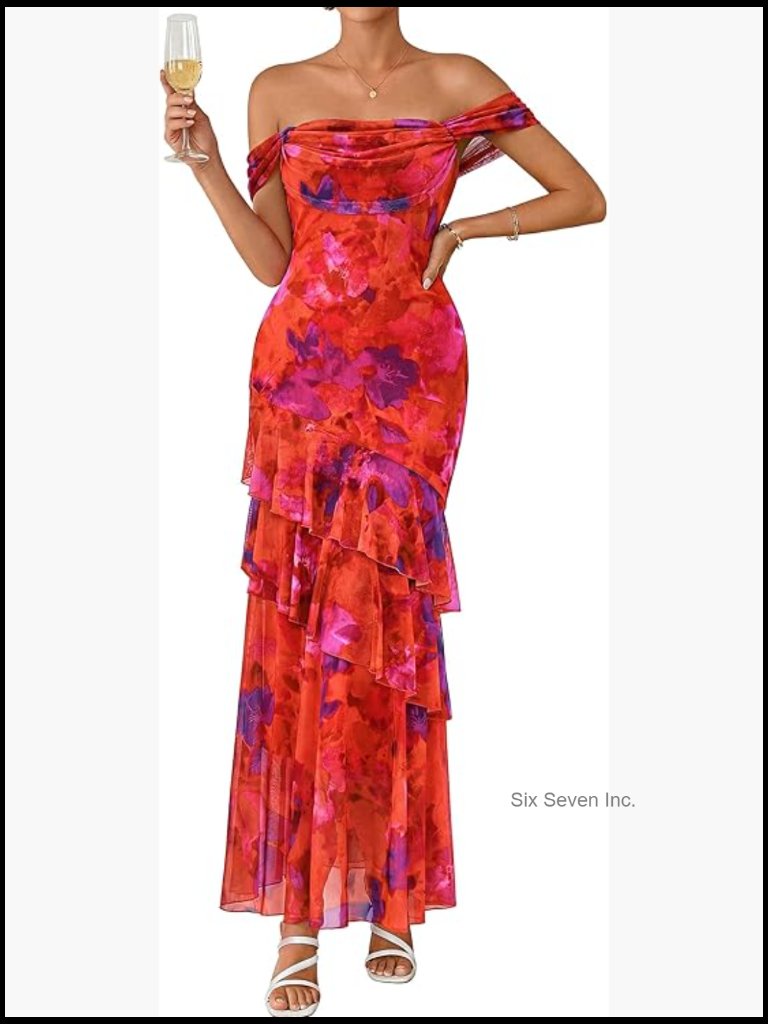 Off Shoulder Floral Mesh Bodycon Mermaid Maxi Dress Cocktail Wedding Guest